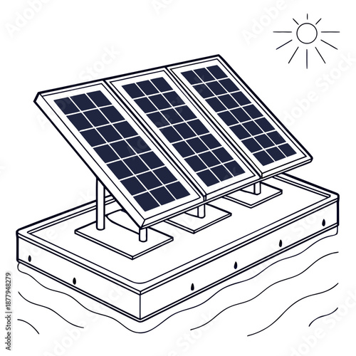 Floating solar panels on a platform over water with sun