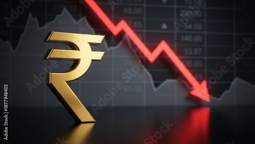 Golden Indian Rupee Symbol and Red Declining Arrow Representing Economic Recession and Financial Loss