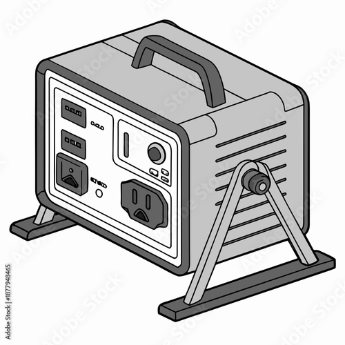 White power converter box on metal stand with handle and outlets