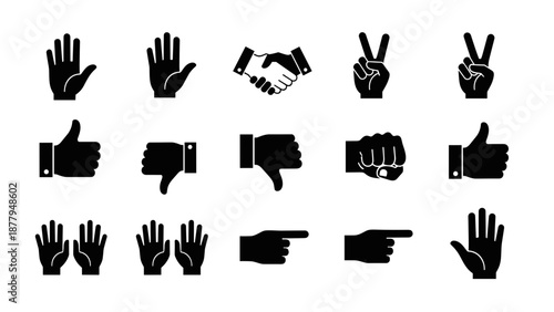Collection of black silhouette hand gesture icons in various signs and poses.