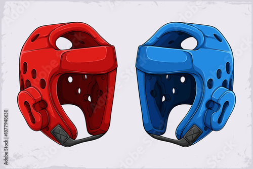 Hand drawn illustration of a pair of red and blue professional boxing helmets facing each other on a light textured background