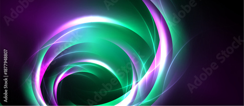 Abstract swirls, vibrant purple, green hues dominate. Light radiates, creating dynamic energy, smooth transitions. Modern design.