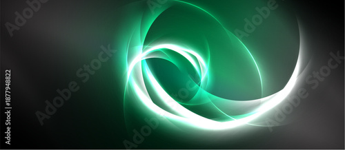 Abstract swirls, luminous green energy, flowing shapes. Dark background emphasizes bright curves, creating dynamic visual effect.