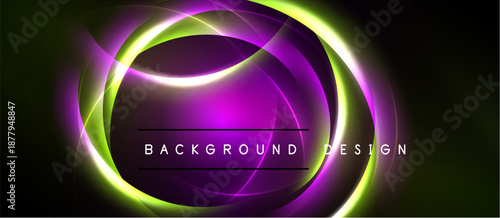 Abstract neon circles over dark background. Vivid purple, green hues create dynamic visual effect. Modern design element.