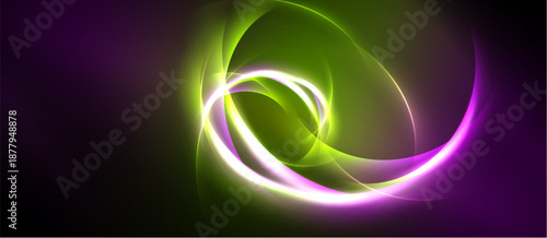 Abstract swirls, vibrant colors blend. Green, purple, white illuminate dark background. Dynamic energy radiates from central point.