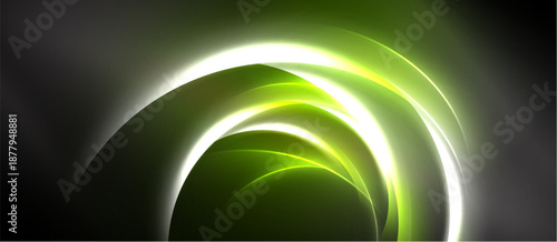 Abstract design features glowing green layers forming curved shapes against dark background. Smooth gradients create dynamic visual effect.
