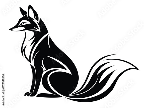 Stylized Black Fox Sitting Profile View with Bushy Tail animal wildlife