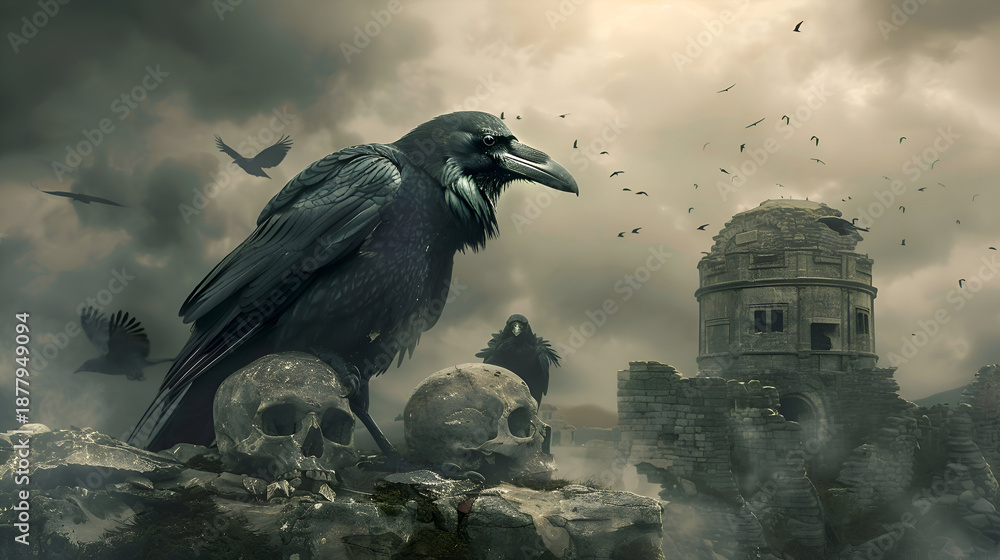 Fototapeta premium Mysterious fantasy scene of ravens and skulls amidst ancient ruins