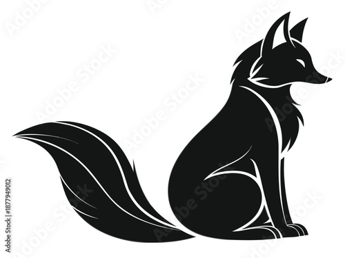 Stylized Black Fox Sitting with Tail Curled on White Background silhouette animal
