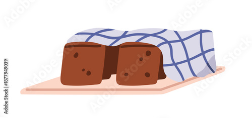 Rye dark bread loaf sliced and covered with towel, cloth. Artisan sourdough wholegrain bakery on board. Rustic homemade craft food. Flat vector illustration isolated on white background.