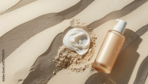 top view of sunscreen products in bottles on beige background