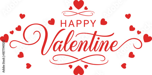 Happy Valentine elegant red typography lettering with hearts romantic love background for greeting card banner celebration design