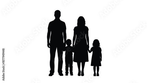 Silhouette of a nuclear family father mother young son and daughter holding hands together