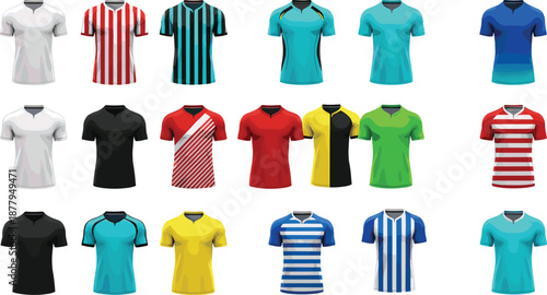 Sports Jersey T Shirt Collection Vector Set with Colorful Team Uniform Designs for Football, Soccer, Training Apparel, Branding, and Merchandise Projects