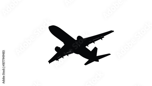 Silhouette of a large commercial passenger jet airplane ascending sharply against a stark white background