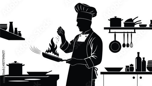 Chef silhouette expertly seasoning food tossed high above an open flame in a busy kitchen