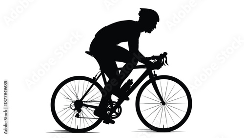 Silhouette of a competitive cyclist wearing a helmet riding a racing bicycle in profile view