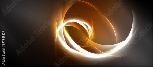 Abstract swirls, luminous orange, white hues blend against dark background. Dynamic composition evokes energy, movement.