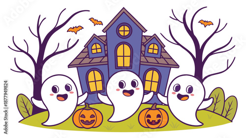 Three cute ghosts and pumpkins in front of a haunted house with bats Keywords: halloween, ghost, cute, pumpkin, haunted house, bats