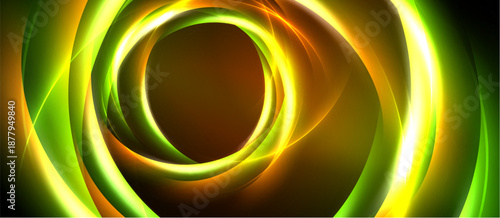 Abstract design features vibrant concentric circles. Yellow, green hues create dynamic energy, dark background emphasizes luminosity.