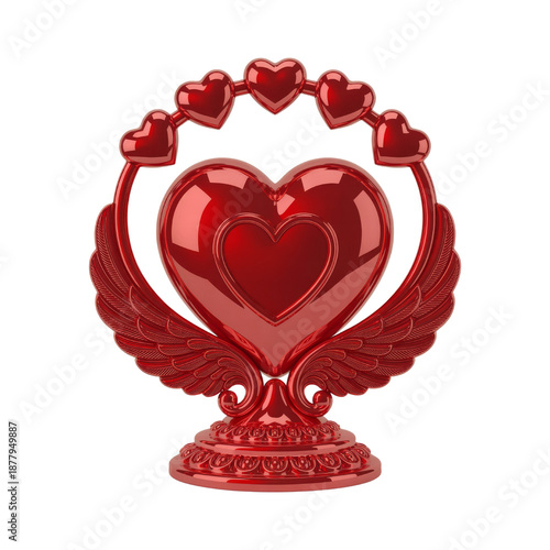 Glossy metallic red heart sculpture with wings and smaller hearts on ornate base, isolated on transparent background
