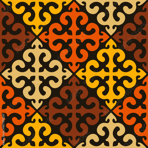 Bold Central Asian nomadic ornament seamless pattern for ethnic branding and restaurant design