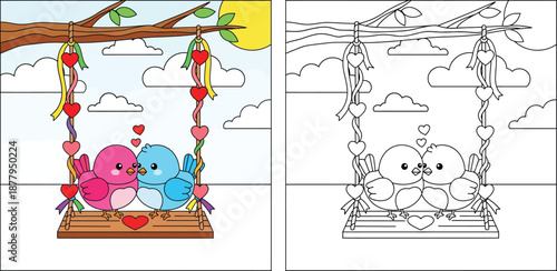 Cute cartoon bird couple sitting on swing with hearts coloring page vector illustration for valentine day and kids activity.