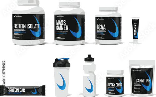 Sports Nutrition Supplement Packaging Collection with Protein Isolate, Mass Gainer, BCAA, Energy Drink, Shaker, and Fitness Products for Branding Designs