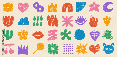 Cute abstract doodle shape in vector style. Modern kids hand drawn stickers including hearts, clouds, stars, flowers, crowns, speech bubbles, eyes, infinity signs, cactus, arches, rainbows, starfish.