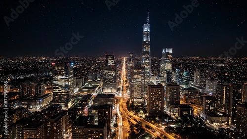 Wallpaper Mural Aerial view of illuminated skyscrapers and city lights at night, urban landscape with cityscape and buildings in downtown area. Torontodigital.ca