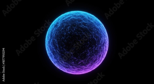 Glowing, textured sphere radiates vibrant blue and purple light against a stark black background