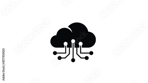 Black and white icon representing secure cloud computing infrastructure connection and data exchange concepts