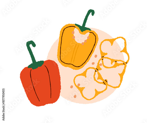 Bell peppers, top view. Whole and cut slices, red and yellow sweet bellpepper pieces. Fresh organic natural vegetable. Cooking healthy food. Flat vector illustration isolated on white background.