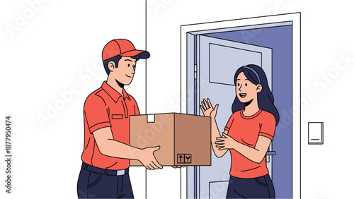 Delivery person in uniform handing a package to a happy woman at the door