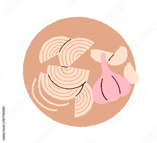 Onion cut into half rings slices, garlic bulb, top view. Whole clove, pieces, spicy pungent vegetables. Natural spices, seasoning, condiment. Flat vector illustration isolated on white background.