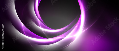 Abstract swirls, purple hues, bright light streaks. Dynamic composition, modern design, dark background creates contrast. Smooth curves suggest movement.