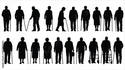 Elderly Seniors Silhouettes with Canes and Walkers – Aging, Mobility, and Healthcare Vector Illustration