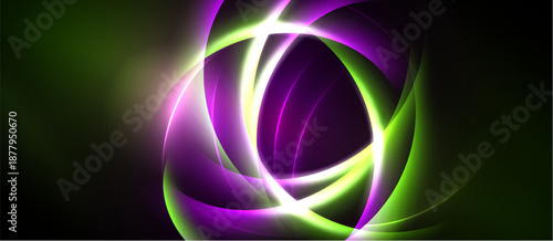 Abstract swirls, vibrant colors, green, purple, white. Dynamic composition creates luminous effect, dark background enhances glow.