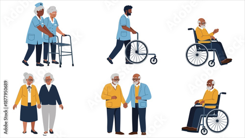 Diverse Caregivers Helping Elderly with Mobility Challenges in Various Settings.