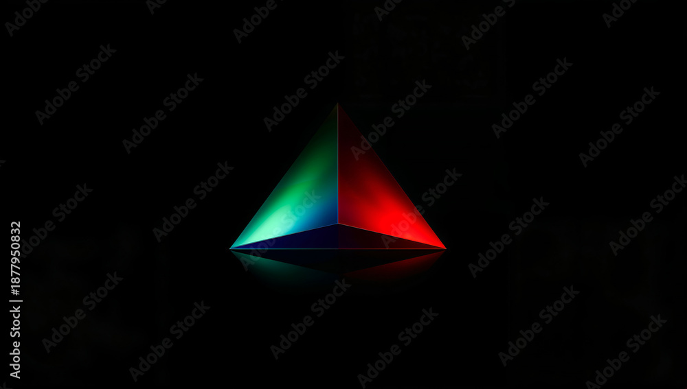 Fototapeta premium Geometric prism with vibrant red and green light reflections on black background