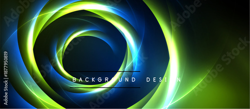 Abstract swirling lights create dynamic circular pattern. Vivid blue, green hues dominate dark background. Modern design element.