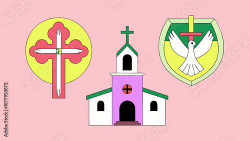 Vector illustration of a historic Catholic church and cathedral architecture featuring a religious cross, old stone tower, and dome icon against a city sky