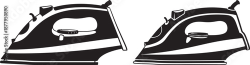 Modern Electric Steam Iron Silhouette Illustration, Household Appliance Icon for Laundry and Clothing Care, Black and White Vector Set