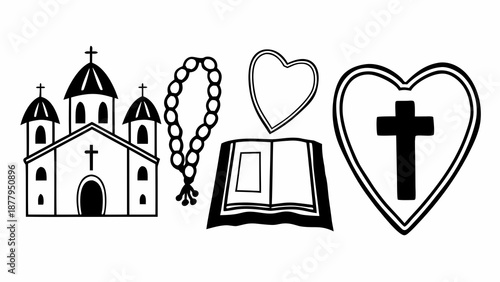 A holy vector illustration of a religious cross symbol and heart shape representing a concept of God’s love for people