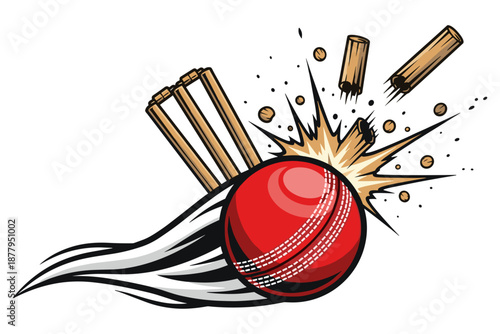Cricket ball smashing through wickets with a fiery trail, representing the explosive power and speed of the sport