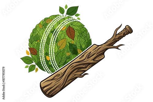 Eco-friendly cricket concept featuring a sturdy wooden bat and a vibrant green leaf-patterned ball, symbolizing sustainability and the integration of nature into sports