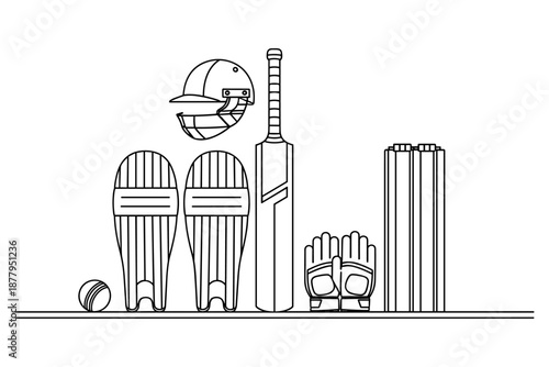 Comprehensive black and white line art illustration showcasing essential cricket equipment, including a bat, ball, protective pads, helmet, wicket stumps, and glove, perfectly arranged for a game