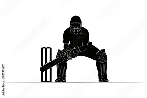 Striking silhouette illustration of a cricket batsman in a powerful, ready stance, demonstrating intense focus and athletic preparedness for competitive play