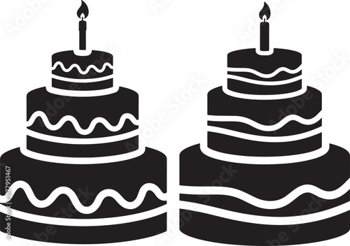 Tiered Birthday Cake with Candle Silhouette Illustration, Celebration and Anniversary Dessert Icon, Party Food and Sweet Treats Vector