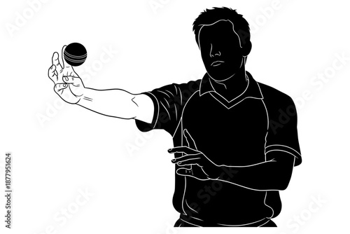 Dynamic black and white illustration capturing a sportsman holding a cricket ball, poised in action, symbolizing the intensity and strategy of the game, perfect for sports-related content and designs